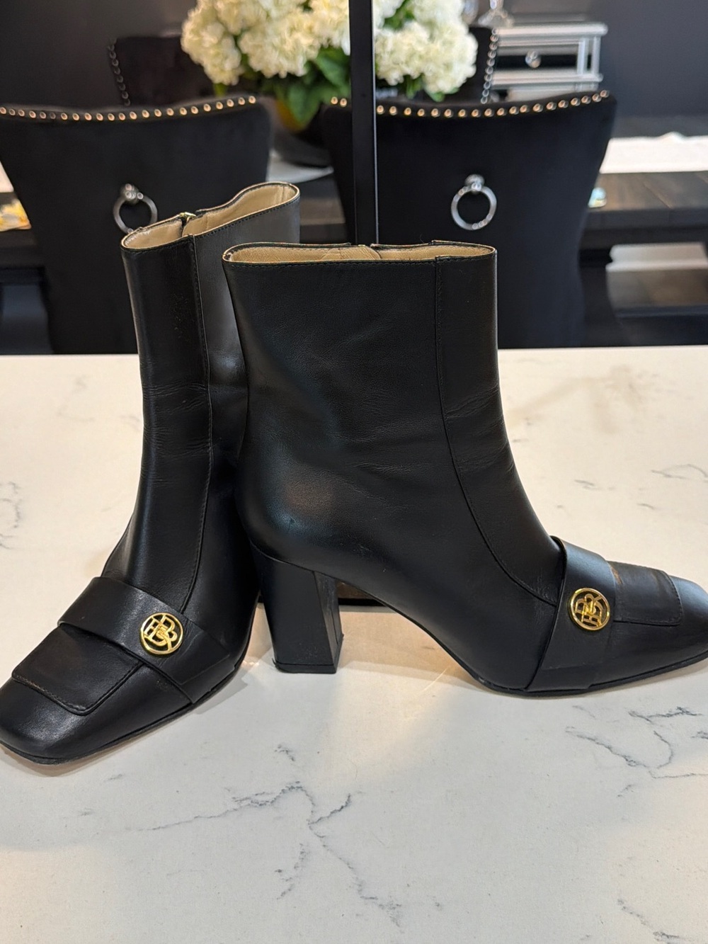Banana Republic Black Leather Ankle Booties with Gold Emblem